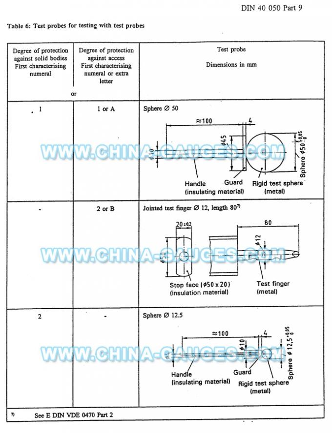 DIN 40 050 Test Probes for IP Code Testing with Test Probe