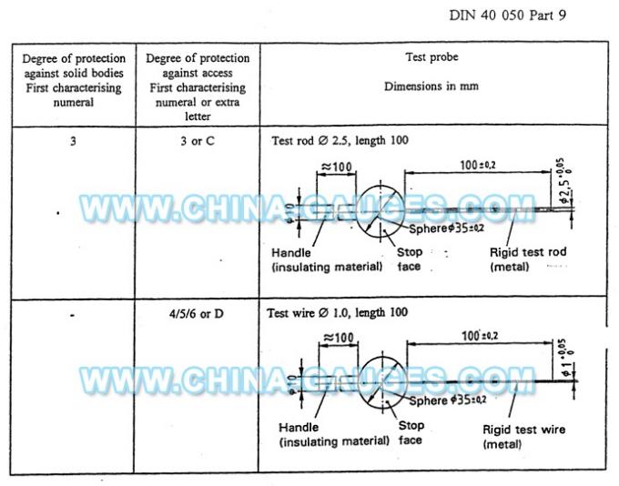 DIN 40 050 Test Probes for IP Code Testing with Test Probe