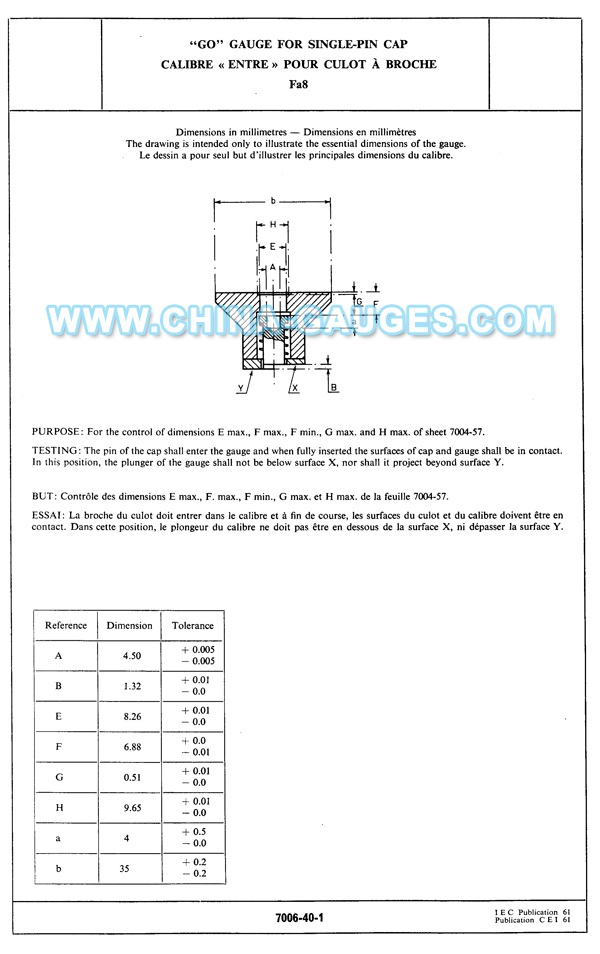 IEC60061-3: 7006-40-1 Fa8 Go Gauge for Single-pin Cap