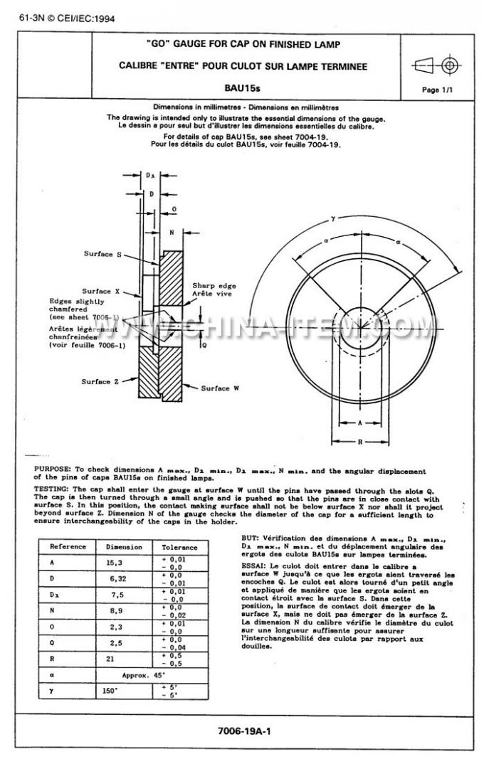 IEC60061-3: 7006-19A-1 BAU15s Go Gauge for Cap on Finished Lamp