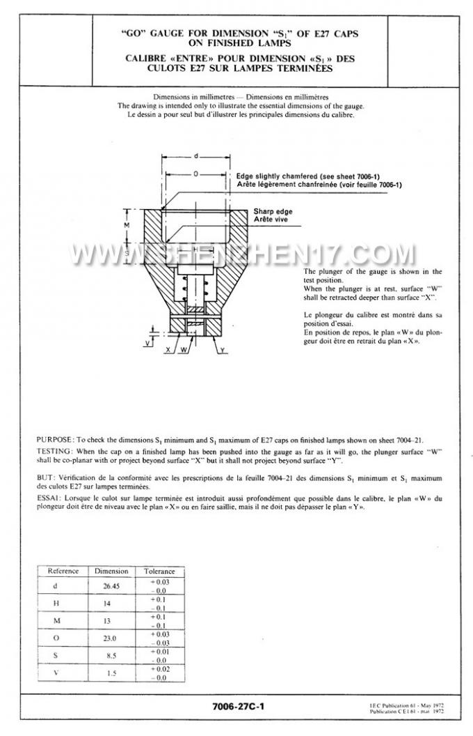 IEC60061-3: 7006-27C-1 Go Gauge for Dimension S1 of E27 Caps on Finished Lamps