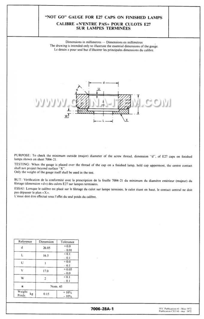 IEC60061-3: 7006-28A-1 No Go Gauge for E27 Caps on Finished Lamps