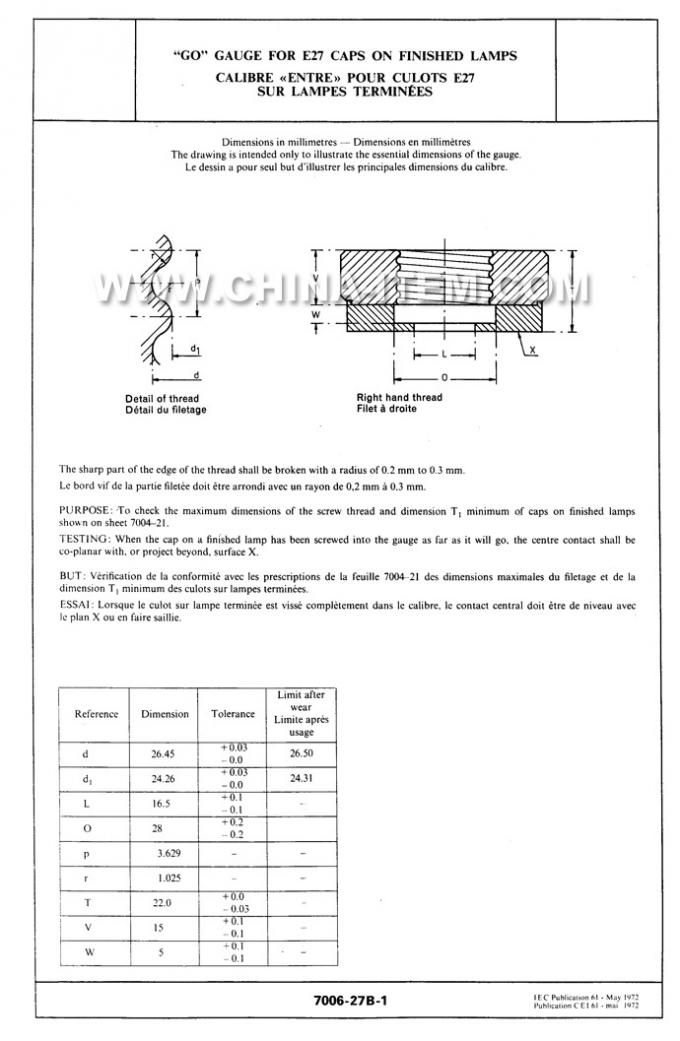 IEC60061-3: 7006-27B-1 Go Gauge for E27 Caps on Finished Lamps