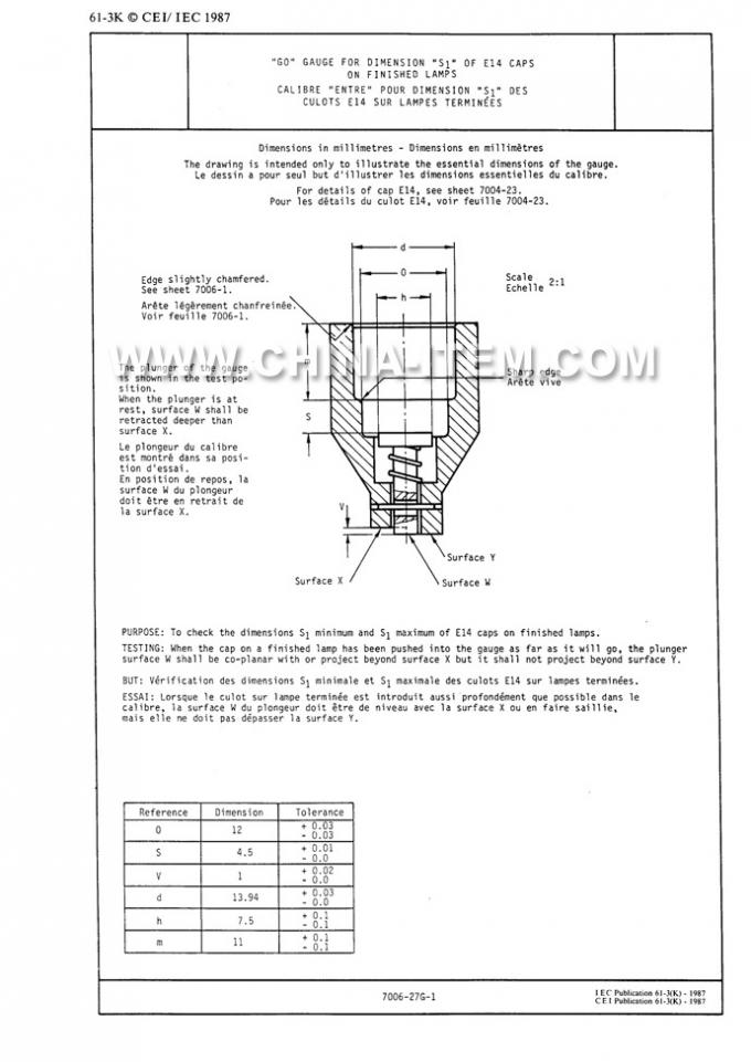 IEC60061-3: 7006-27G-1 Go Gauge for Dimension S1 of E14 Caps on Finished Lamps