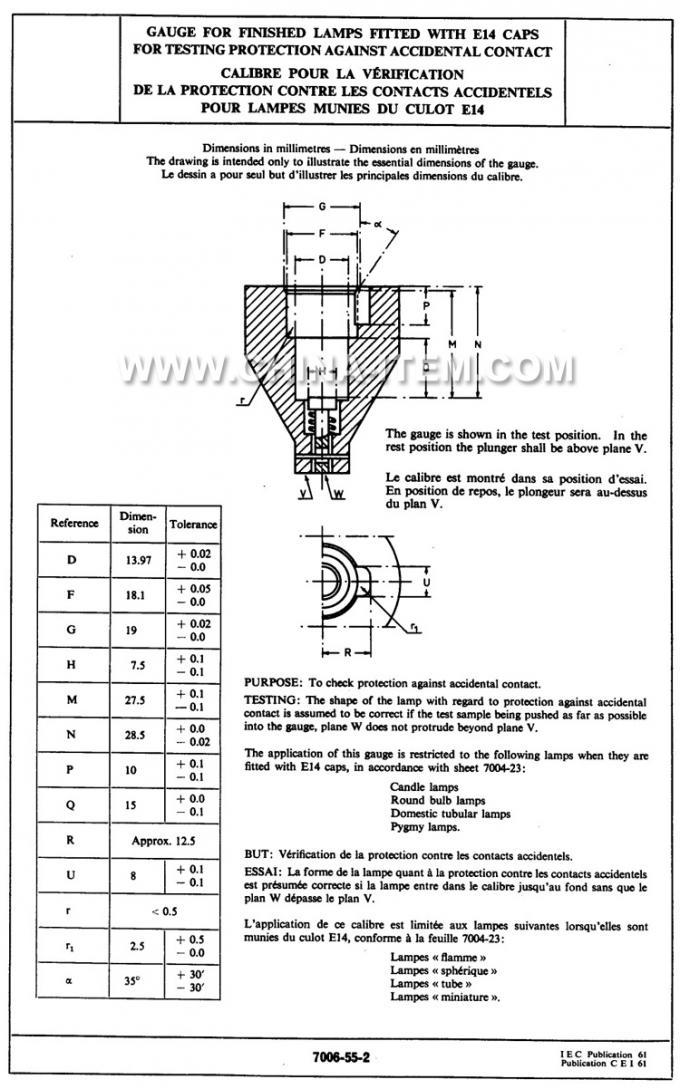 IEC60061-3: 7006-55-2 Gauge for Finished Lamps Fitted with E14 Caps for Testing Protection Against Accidental Contact