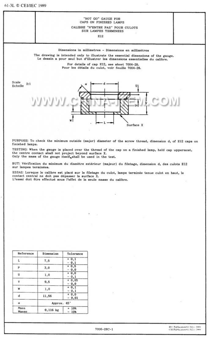 IEC60061-3: 7006-28C-1 No Go Gauge for Caps on Finished Lamps E12