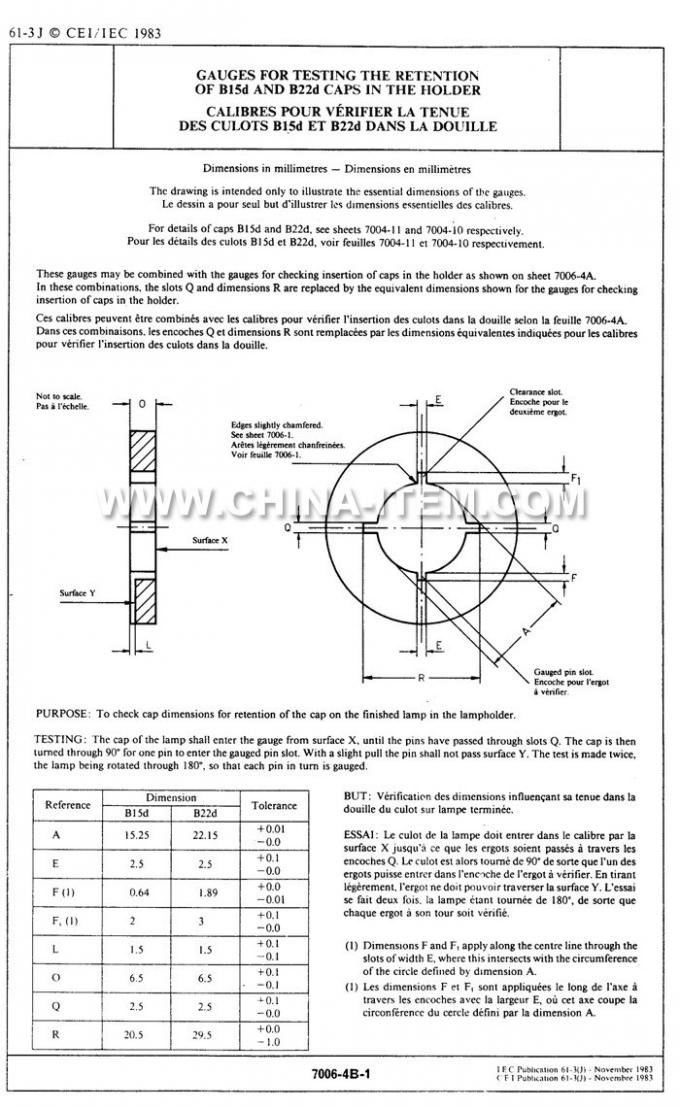 IEC60061-3: 7006-4B-1 Gauge for Testing the Retention of B22d Caps in the Holder