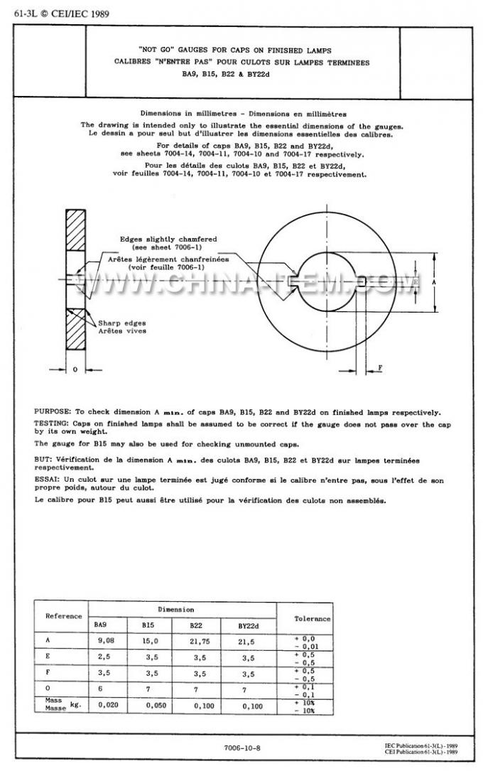 IEC60061-3: 7006-10-8 B22 No Go Gauges for Caps on Finished Lamps