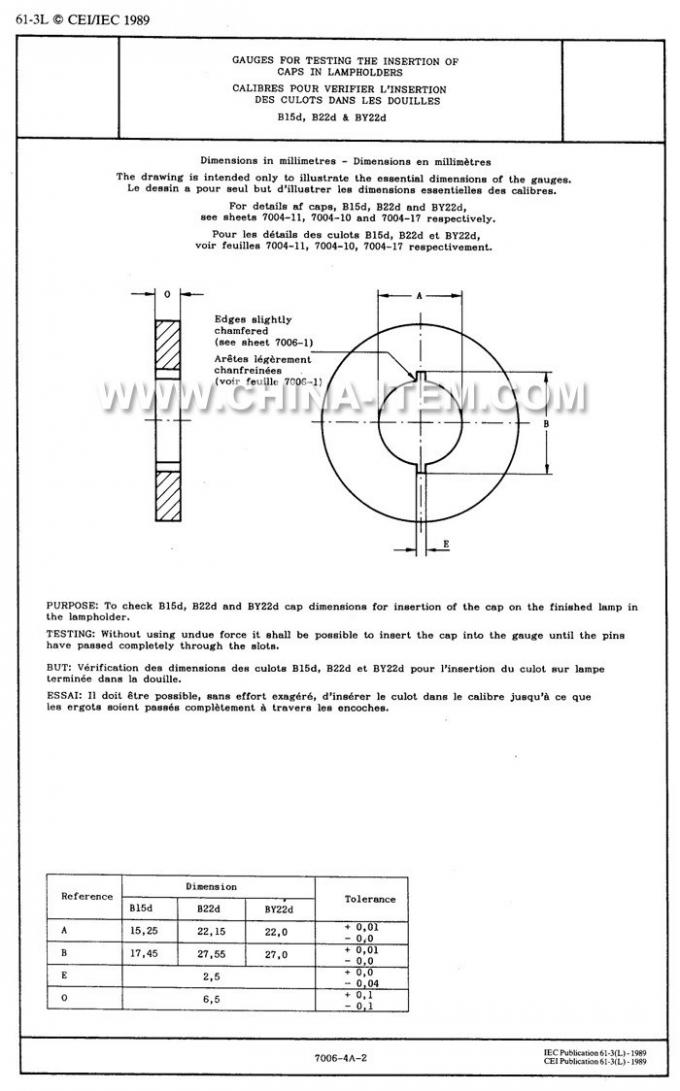 IEC60061-3: 7006-4A-2 B22d Gauges for Testing the Insertion of Caps in Lampholders