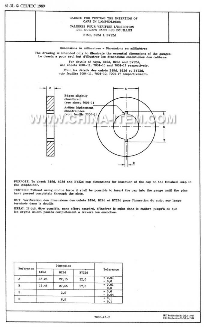 IEC60061-3: 7006-4A-2 B22d Gauges for Testing the Insertion of Caps in Lampholders