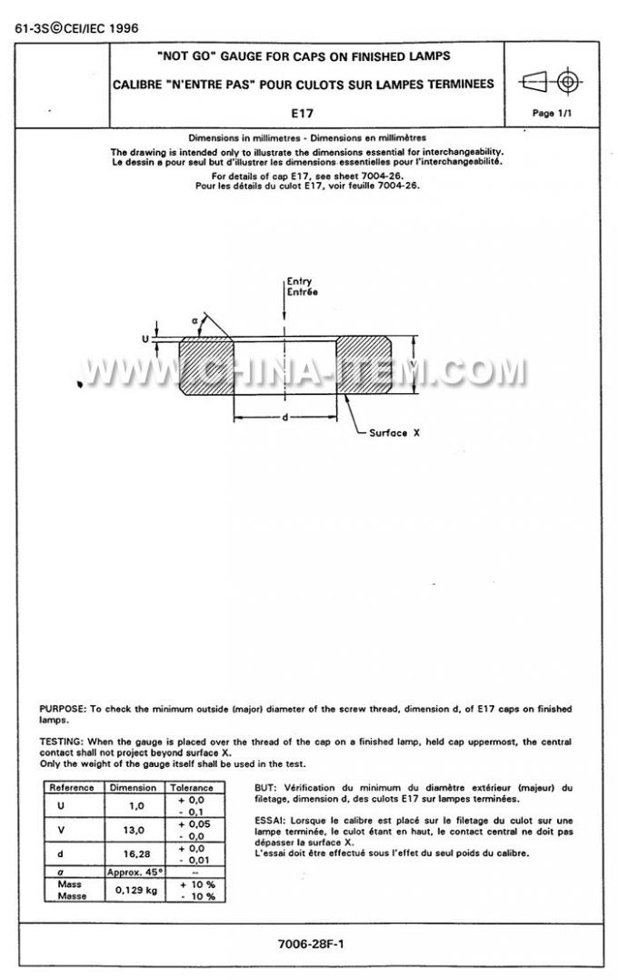 IEC60061-3: 7006-28F-1 Not Go Gauge for E17 Caps on Finished Lamps