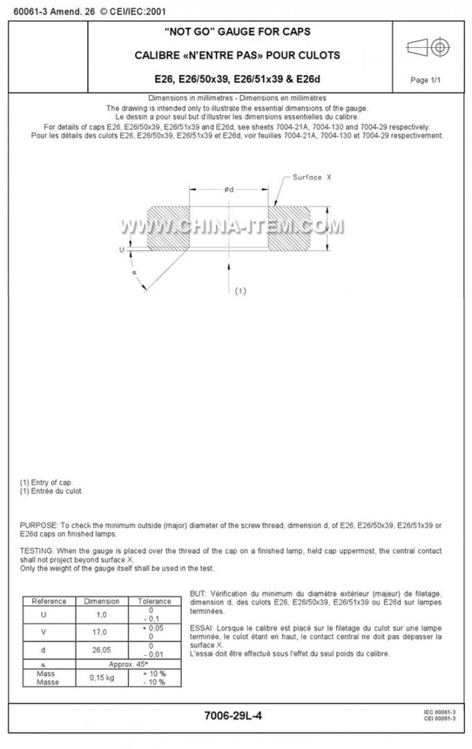 IEC60061-3: 7006-29L-4 No Go Gauge for Caps E26