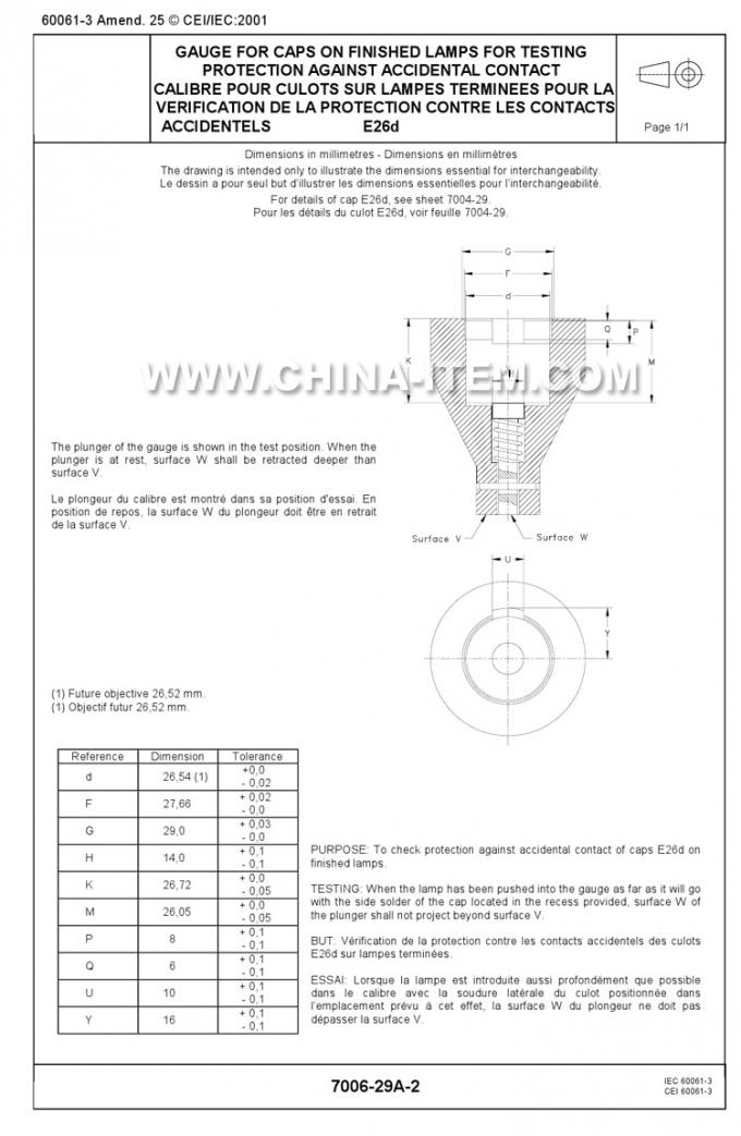 IEC60061-3: 7006-29A-2 E26d Gauge for Caps on Finished Lamps for Testing Protection Against Accidental Contact