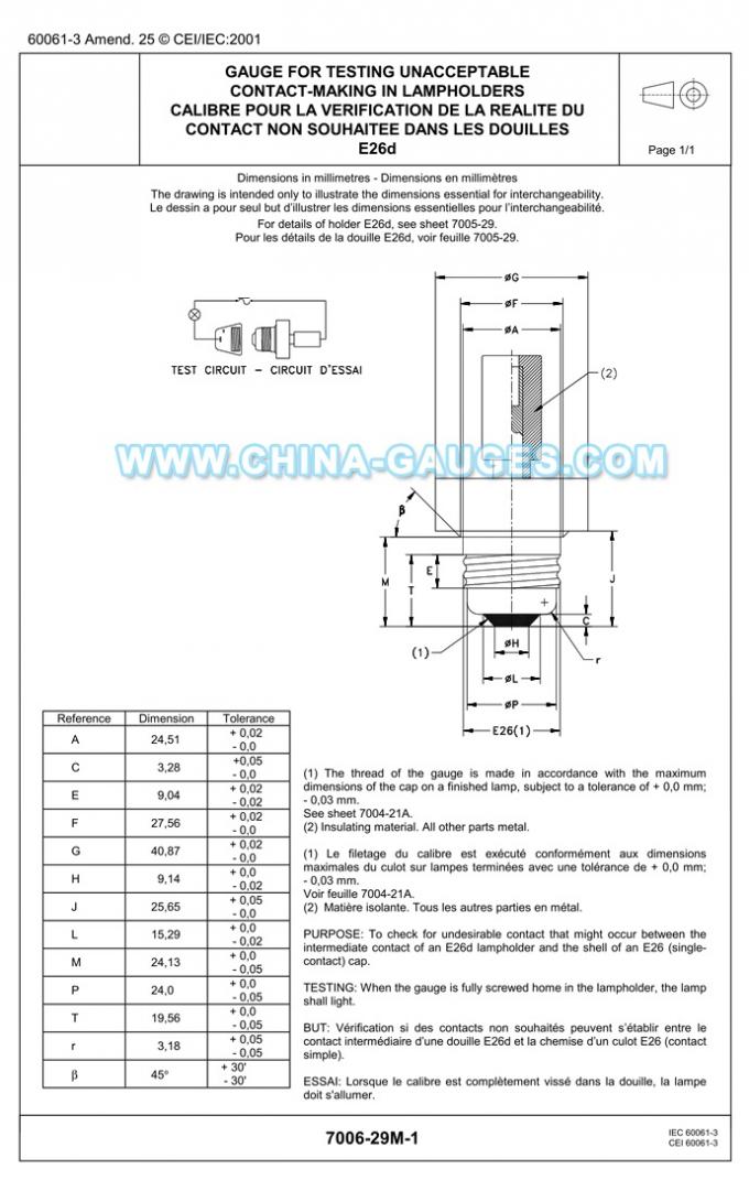 IEC60061-3: 7006-29M-1 E26d Gauge for Testing Unacceptable Contact-Making in Lampholders