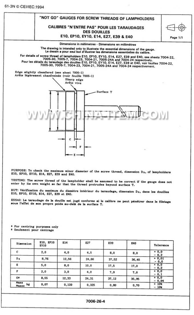 IEC60061-3: 7006-26-4 E40 No Go Gauges for Screw Threads of Lampholders