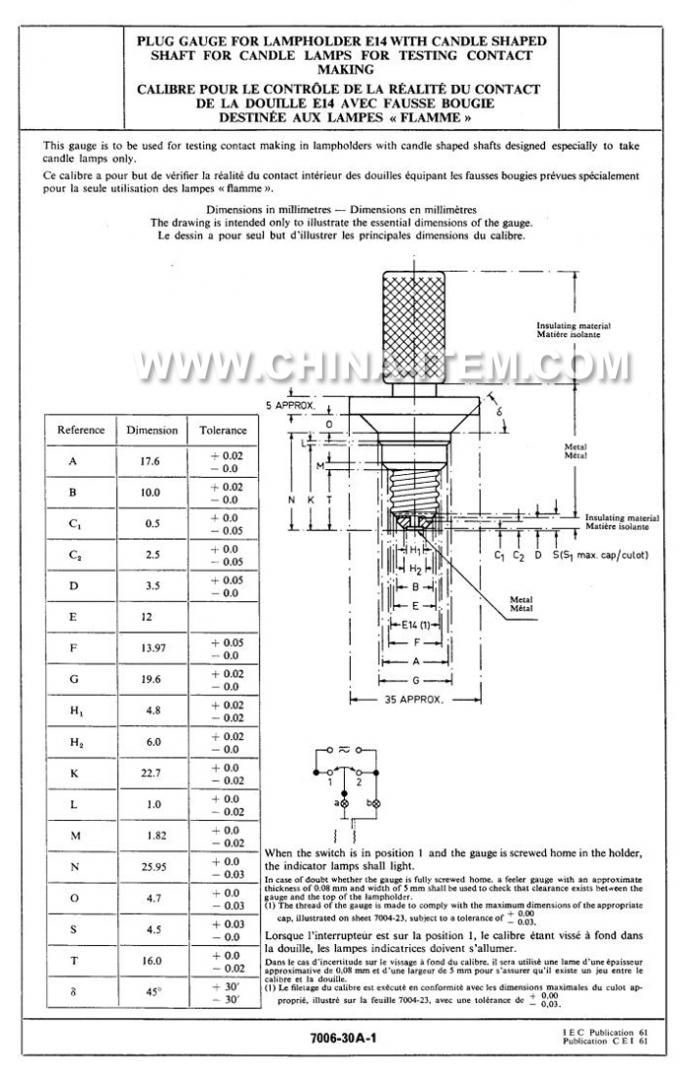 IEC60061-3: 7006-30A-1 Plug Gauge for Lampholder E14 with Candle Shaped Shaft for Candle Lamps for Testing Contact Makin