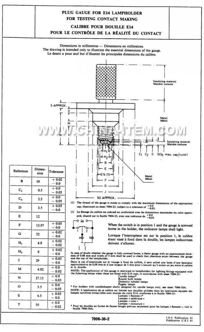 IEC60061-3: 7006-30-2 Plug Gauge for E14 Lampholder for Testing Contact Making