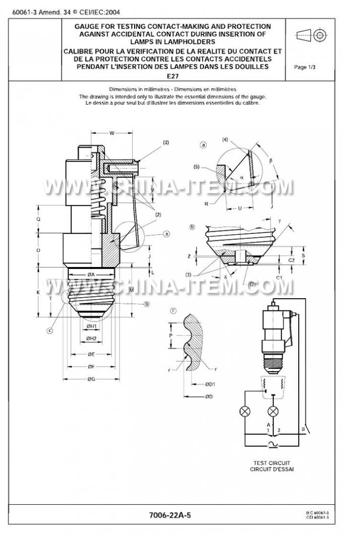 IEC60061-3: 7006-22A-4 E27 Gauge for Testing Contact-Making and Protection Against Accidental Contact During Insertion o