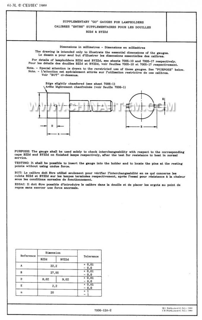 IEC60061-3: 7006-12A-2 B22d Supplementary Go Gauges for Lampholders