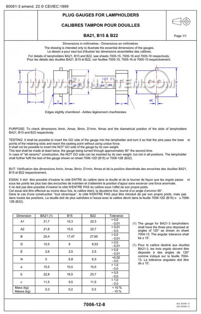 IEC60061-3: 7006-12-8 B22 Plug Gauges for Lampholders