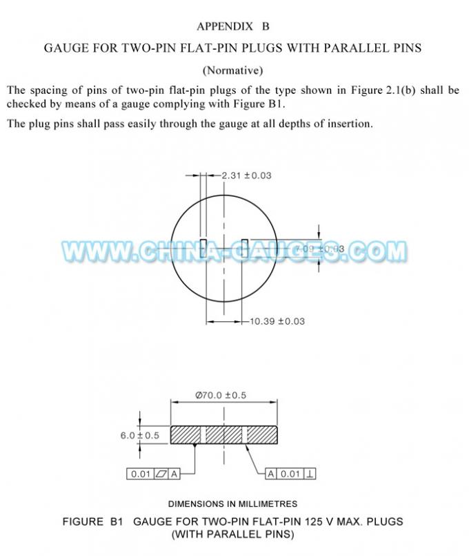 AS/NZS 3112 Figure B1 Gauge for Two-Pin Flat-Pin 125 V Max. Plugs (With Parallel Pins)