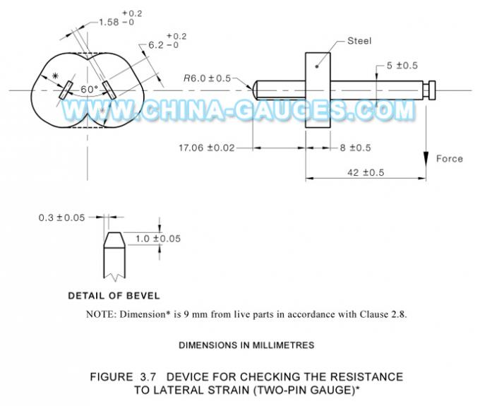 AS/NZS 3112 Figure 3.7 Device for Checking The Resistance to Lateral Strain (Two-Pin Gauge)