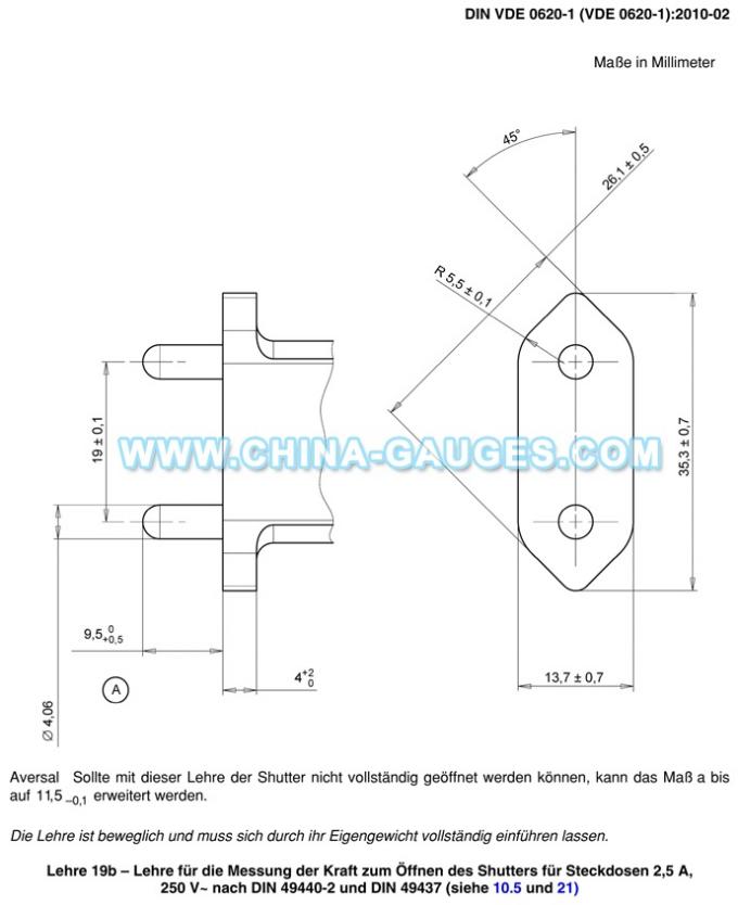 VDE 0620-1 Lehre 19b Gauge for Testing Force Required to Open Shutter for Outlets 2.5 A, According to DIN 49440-2 and DI