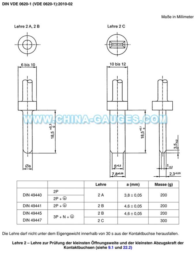 DIN VDE 0620-1 Lehre 2 Gauges for Test Smallest Opening Width and Smallest Withdrawal Force of Contact Sockets