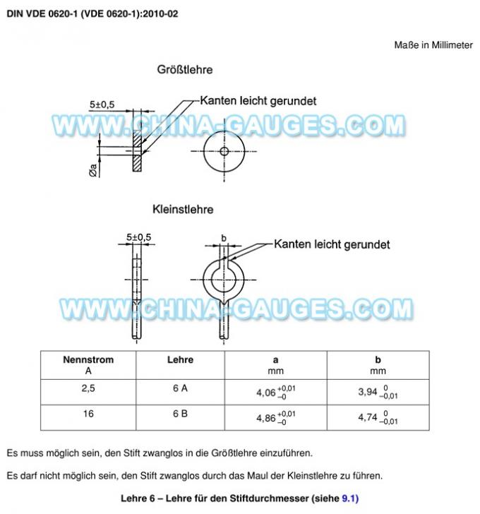DIN-VDE-0620-1 Lehre 6 Plug Gauges for Pin Diameter Testing